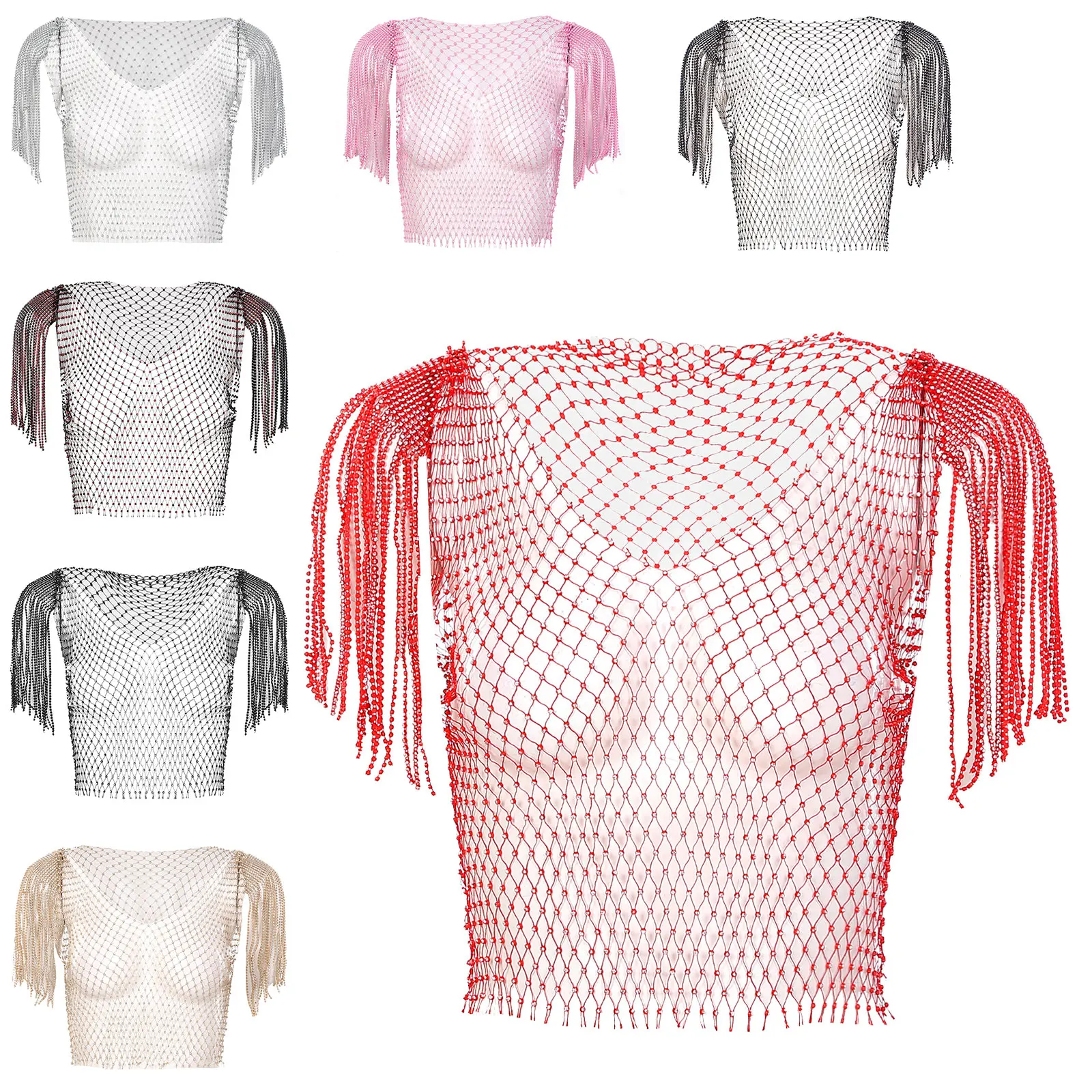 Womens Shiny Diamond Hollow-out Visnet Tops Sexy Fashion Fringe Shirt Top Nachtclub Muziekfestival Rave Party Danskostuum
