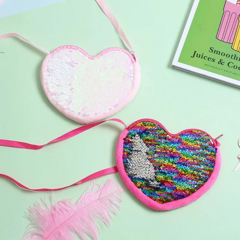 Bolso de dibujos animados para niños, novedad de 2024, bolso de hombro tipo bandolera con amor para niña, monedero fresco y dulce con lentejuelas divertidas en forma de corazón DIY