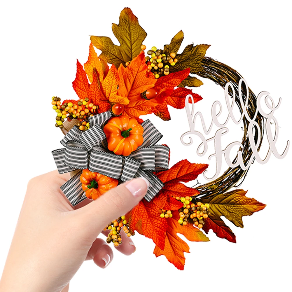 

40cm Maple Leaf Pumpkin Wreath Festival Theme Artificial Pumpkin Wreath Handmade Pumpkin Berry Garland for Fall Harvest Decor