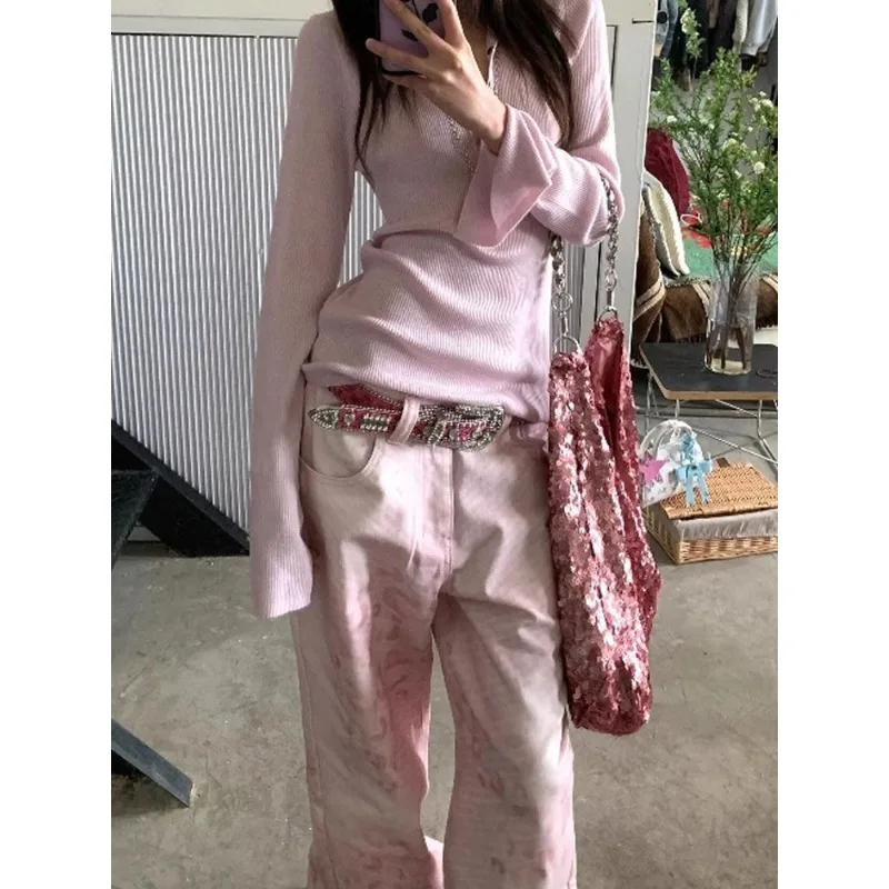 Women's Adorable Pink Vintage High Waist Wide Leg Jeans Back 2025 Summer Slimming Exclusive Type Ladies Denim Trousers