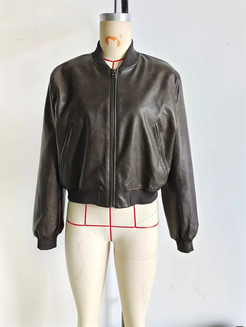 Keyanketian-Casaco de couro PU feminino com gola alta, jaqueta solta, patchwork de linha, couro artificial, casacos, outono, inverno, novo