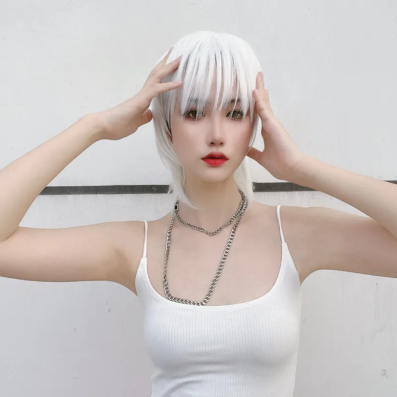 New short hair handsome mullet head white full head wolf-tail animation wig high temperature silk synthetic fiber hair