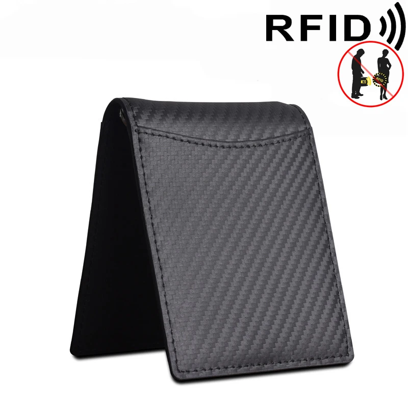 

Real Cowhide Anti-magnetic Money Clip Short Men's Wallet Soft Carbon Fiber Dollar Storage Holder with Multi-card Slot Black