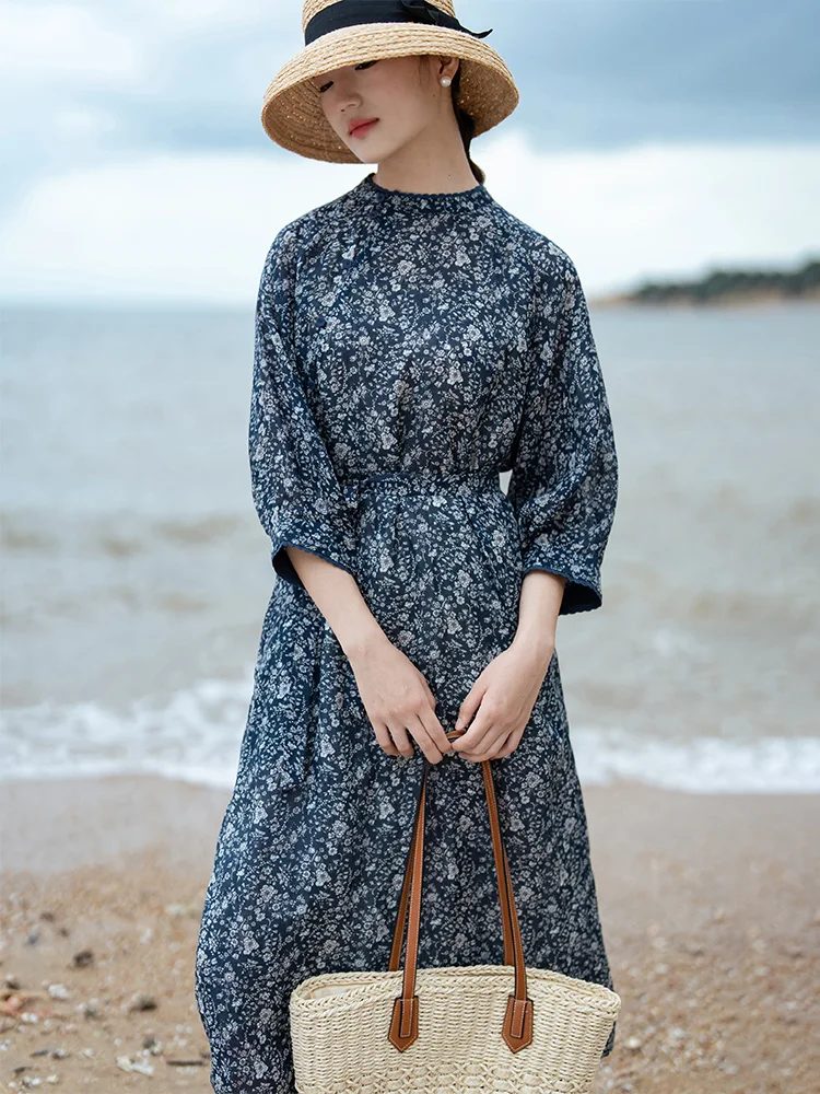 กระโปรงยาวผ้าไหมคุณภาพสูงลายดอกไม้เล็กๆ สไตล์จีน สำหรับผู้หญิง ใส่ทำงาน ดีไซน์ศิลปะ ทรงกลม รุ่น Ne ort Sl...