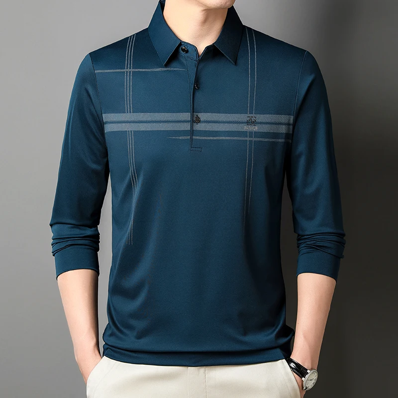 New Winter Men\'s Warm and Comfortable Long Sleeve Casual Polo Shirt Business Stripe Printed Men\'s Top
