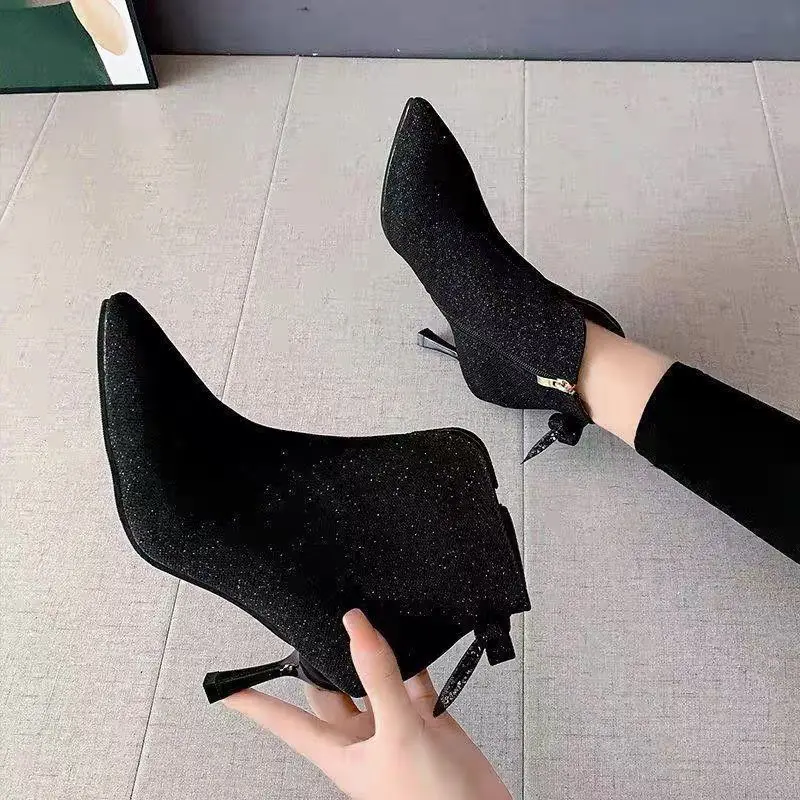 Booties Pointed Toe Sexy Short Shoes for Woman Very High Heels Footwear Heeled Women\'s Ankle Boots Black Winter 2024 Sale Boot