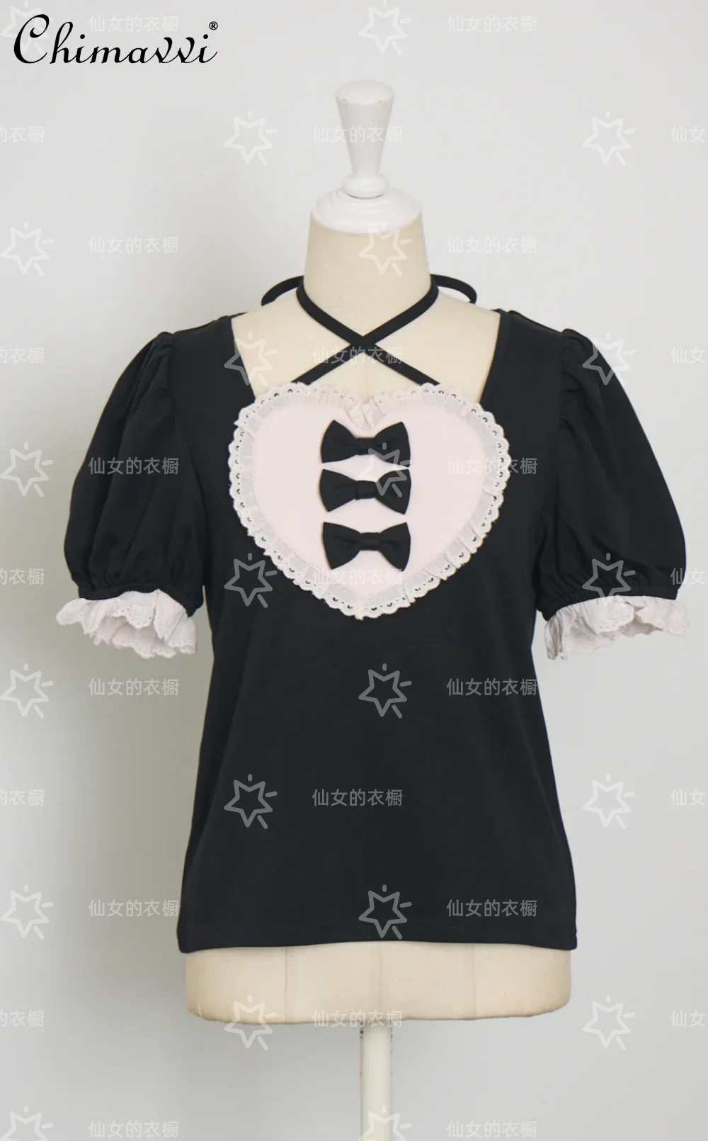 

Japanese Style Sweet Heart Bow Bubble Short Sleeve T-shirt 2026 Summer New Cute Girls Y2k Top Elegant Pullover Tees