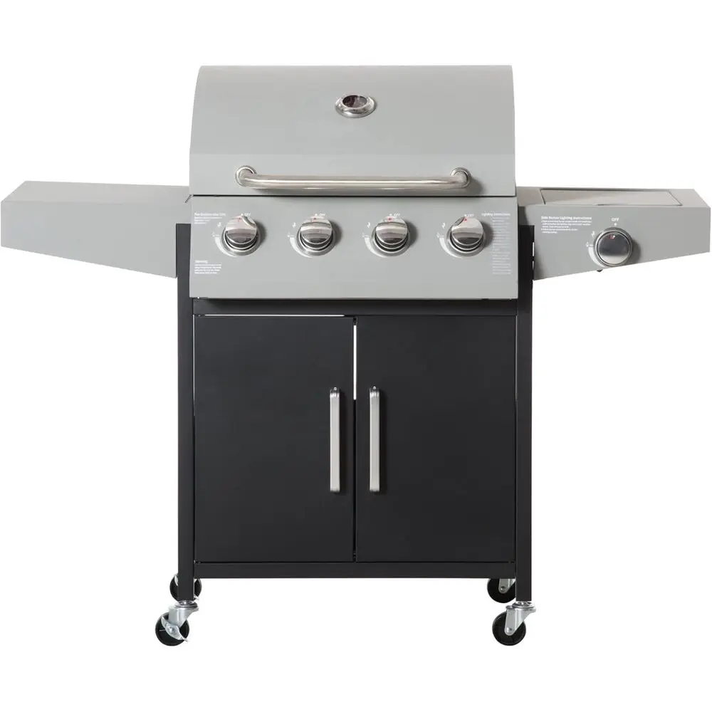 

Серебристый газовый гриль на 4 конфорки с пропаном, 50 000 BTU, для улицы, с боковой конфоркой, колесами, решеткой для подогрева, полкой и шкафчиком