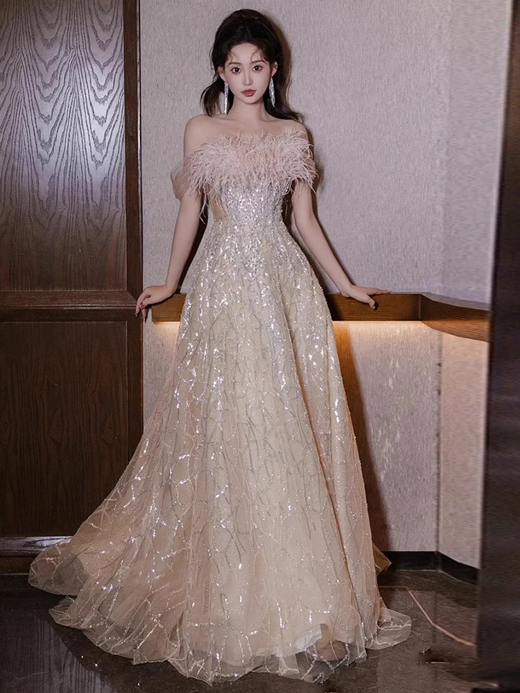 

Длинное вечернее платье Ele для женщин: свадебное, для помолвки, с дизайном из перьев, со средней талией, с блестящими пайетками