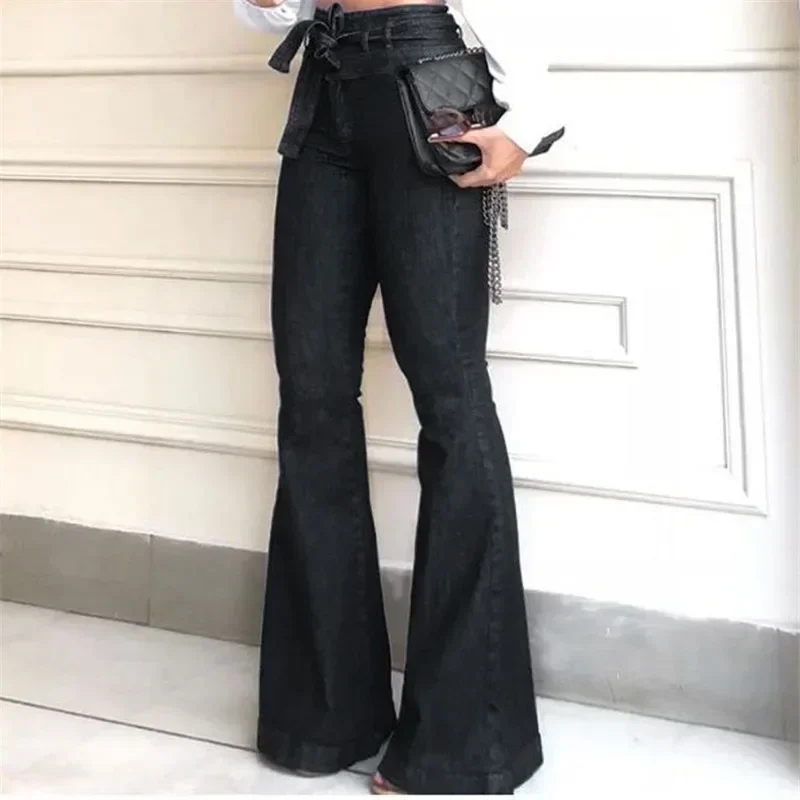 Denim Flared Pants for women High Waist lace-up Jeans casual Trousers Female spring and autumn clothing S-2XL