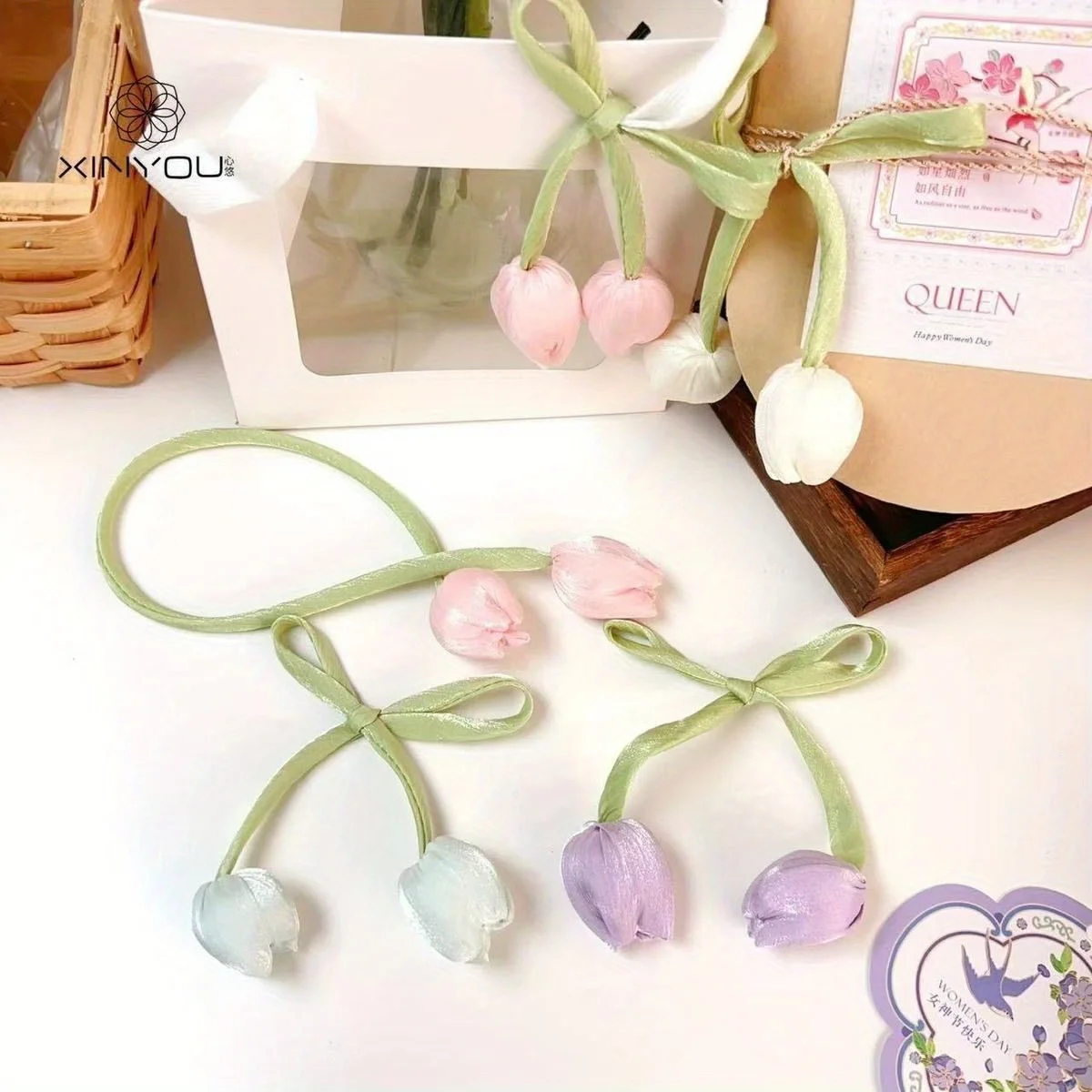 5pcs Ins-Style Minimalist Double-Sided Bud Tulip DIY Bow Hair Accessory Material, Jewelry Accessories,Curtain Tiebacks