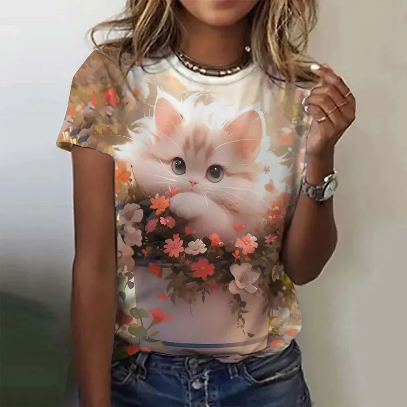 

Женская футболка для девочек с милым котом, топы с 3D принтом, летние топы с короткими рукавами, повседневная модная женская одежда, футболки большого размера