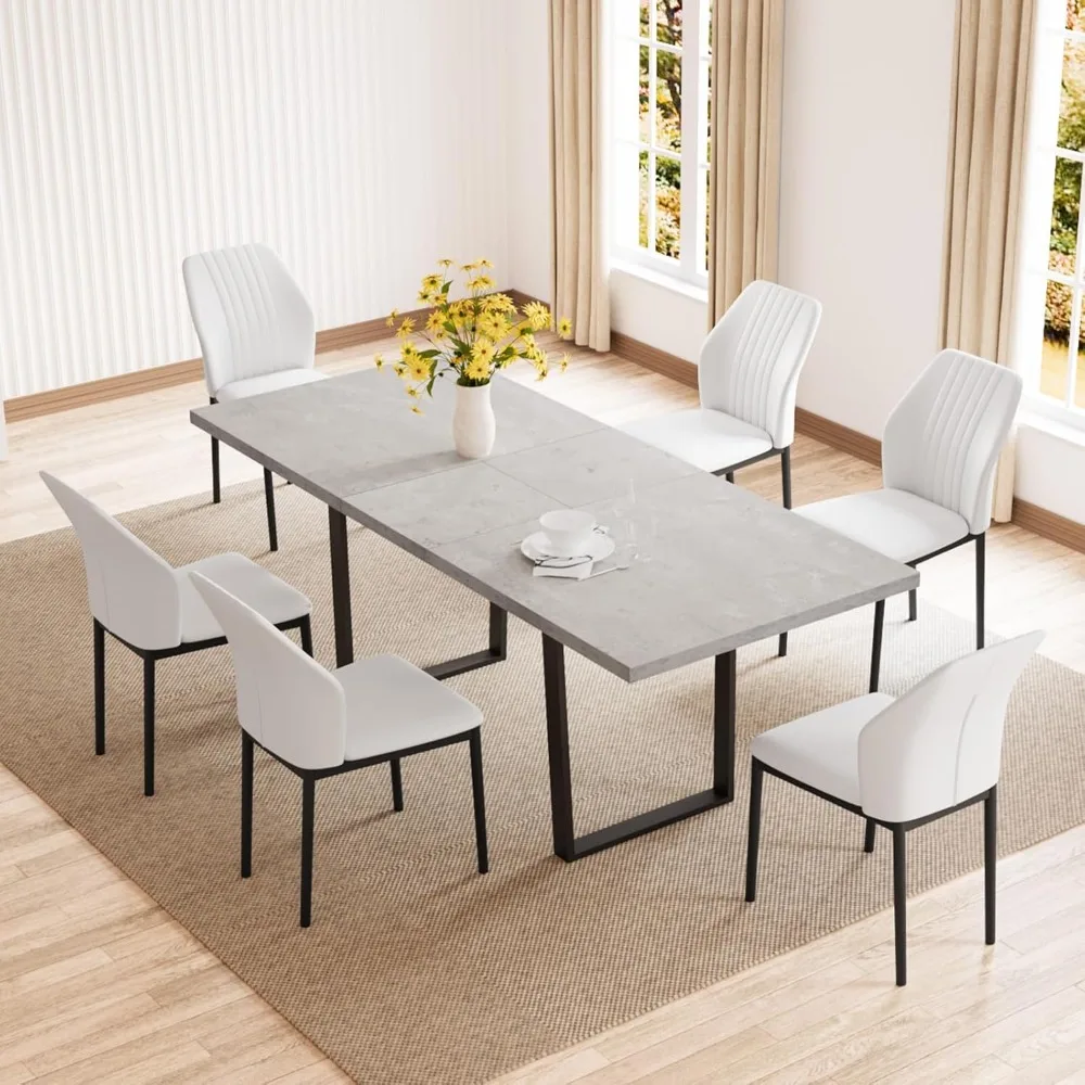 Modern Mid-Century Dining Table Set for 6-8 People Kitchen Dining Room Table Set Extendable Wood Dining Table and 6 Upholstered