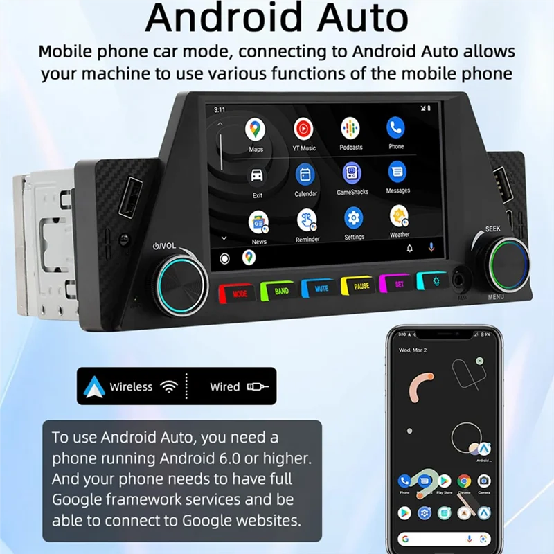 

1 Din 4.7Inch Car Radio Wireless Carplay Android Auto Mirrorlink RGB BT USB Type-C Charging FM Stereo Reversing Camera