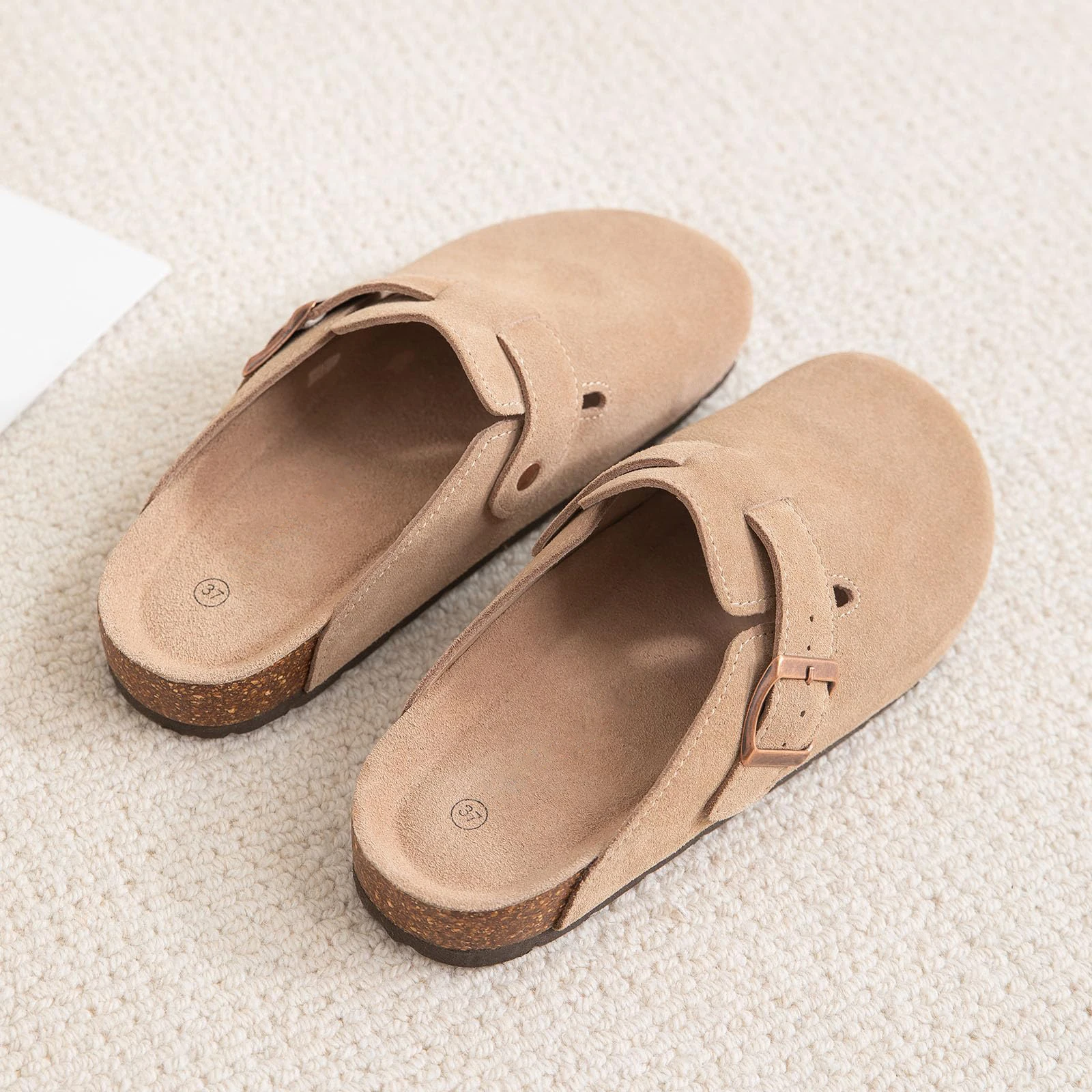 Bebealy Women Cork Suede Slippers Classic Clogs Slippers Unisex Cork Footbed Antiskid Slippers With Arch Support Potato Shoes