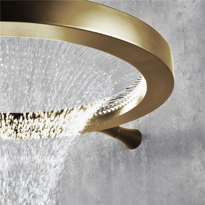 Beyoon Brass Brushed Gold Triple Handle Wall Mount Hot/Cold Water Bathroom Shower Faucet Set 20-Inch Rain Shower Head view 2