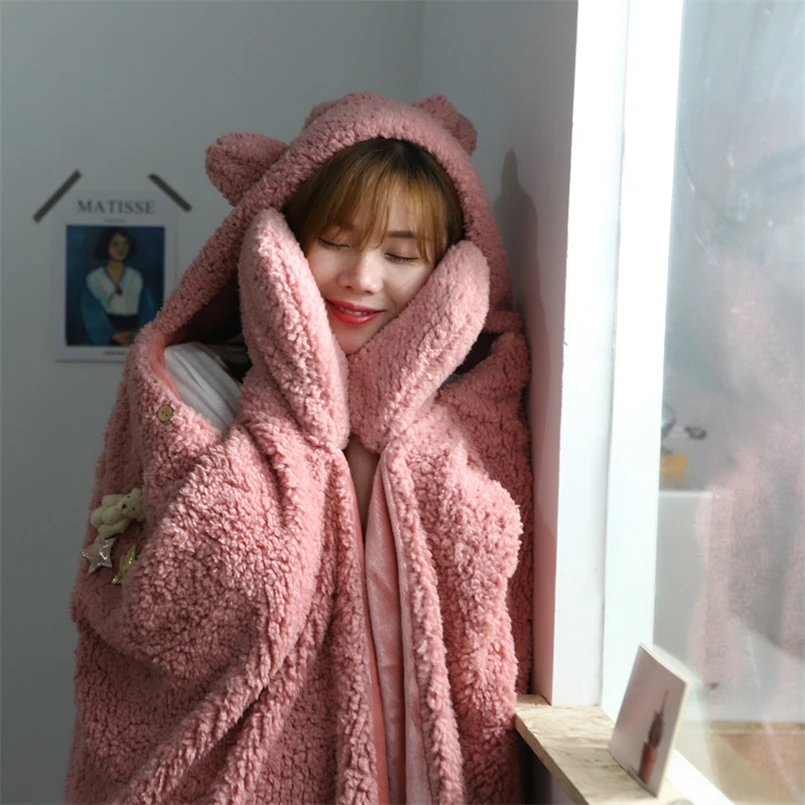 Ins Style Cute Bear Autumn and Winter Hooded Cloak Shawl Blanket Lamb Velvet Thickened Warm Wearable Adult Cloak