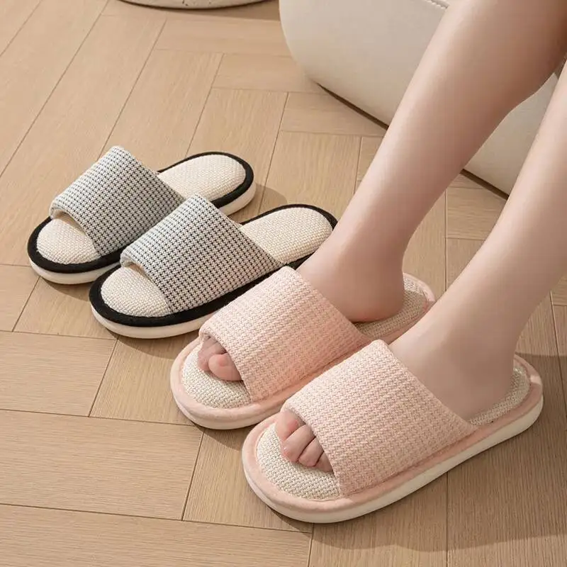Home Slippers Women's Linen Slippers Indoor Household Plaid Simple Cloth Cotton Linen Indoor Sandals