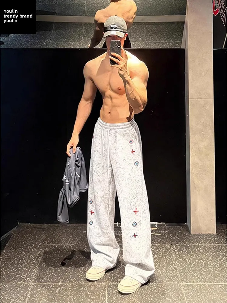 

Мужские зимние спортивные брюки прямого кроя с вышивкой и эффектом тай-дай, на флисовой подкладке, в американском стиле, для повседневной носки