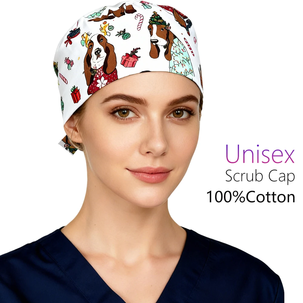 

Новая рождественская шапка для медсестры с принтом собак для женщин и мужчин, 100% хлопок, медицинские хирургические шапочки для операционной, стоматологическая спа-скраб-шапочка
