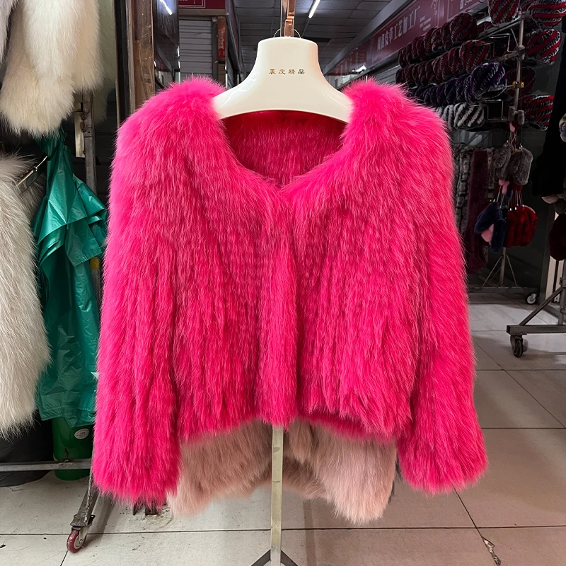 2023 Novo Estilo Jaquetas Moda Real Fox Fur Coat Outono Inverno Luxo Casaco De Pele De Malha Mulheres Dupla Manga Longa Tecido Liner