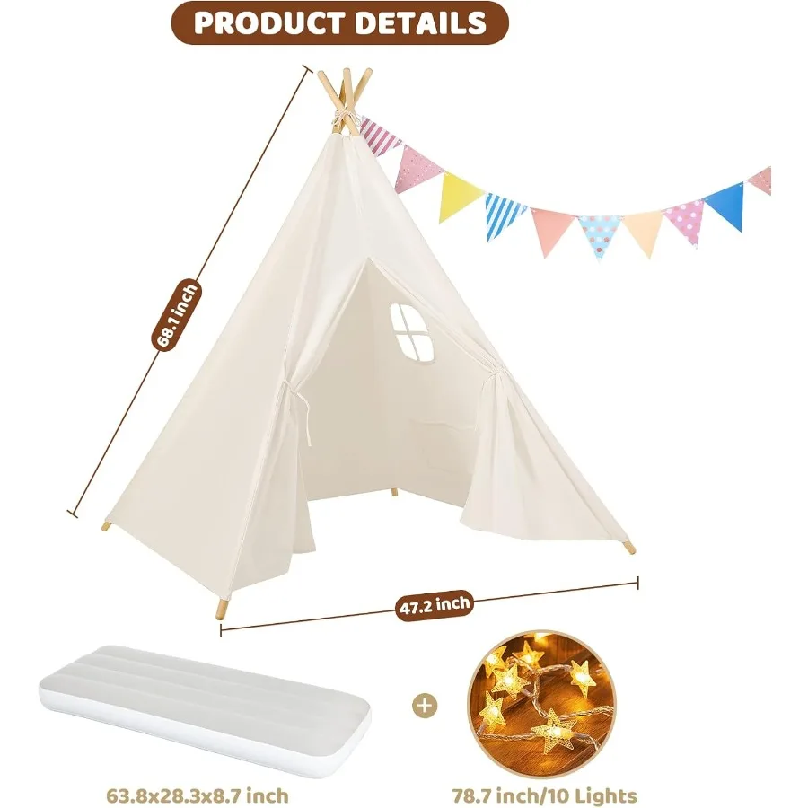 6-pack tipi tent voor kinderen slaapfeest - slaaptenten met opblaasbare luchtbedden, natuurlijk canvas speeltent binnen, wasbaar F