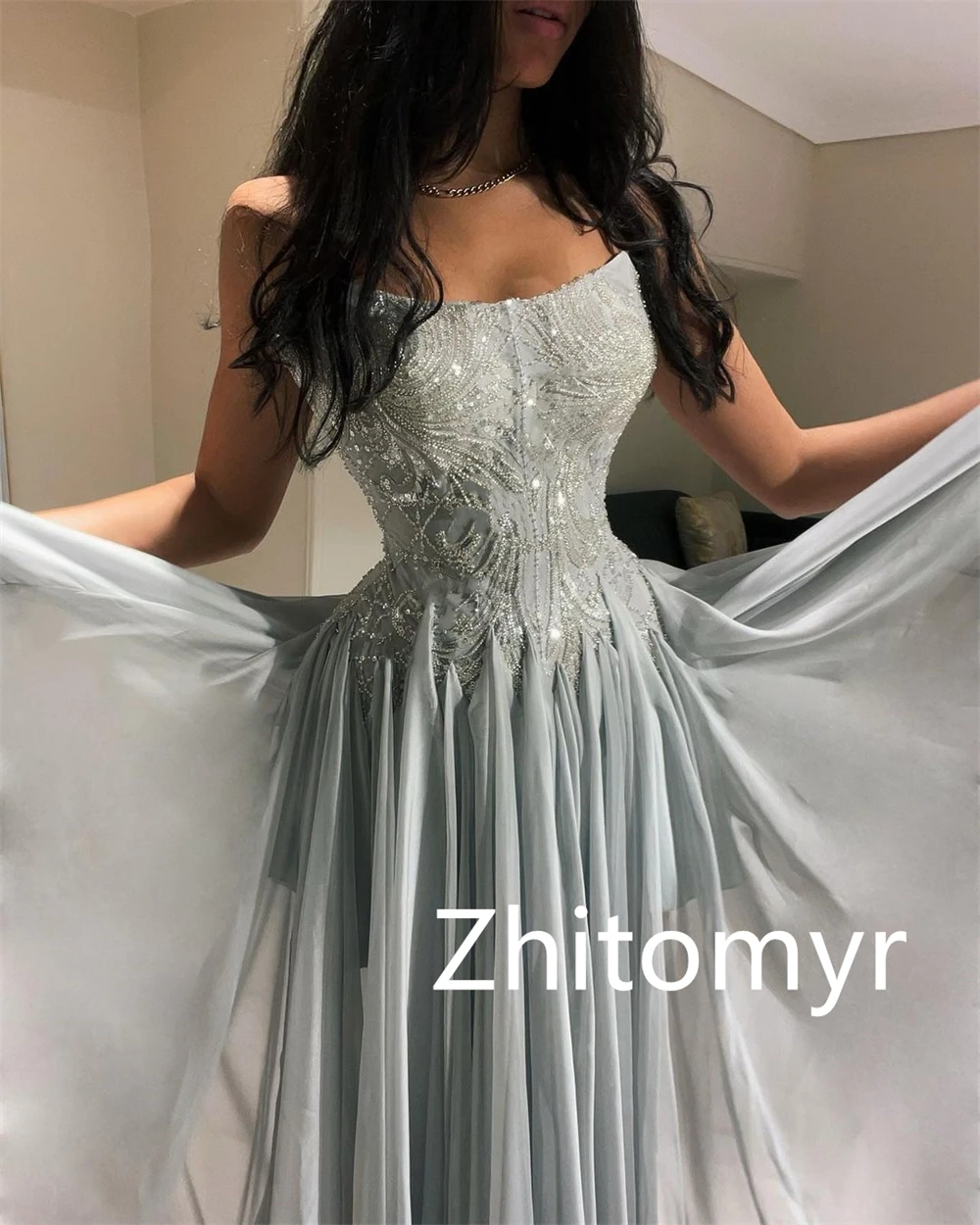 Jiayigong  Prom Satin Beading Engagement  Gown Strapless Bespoke Occasion  Long Dresses