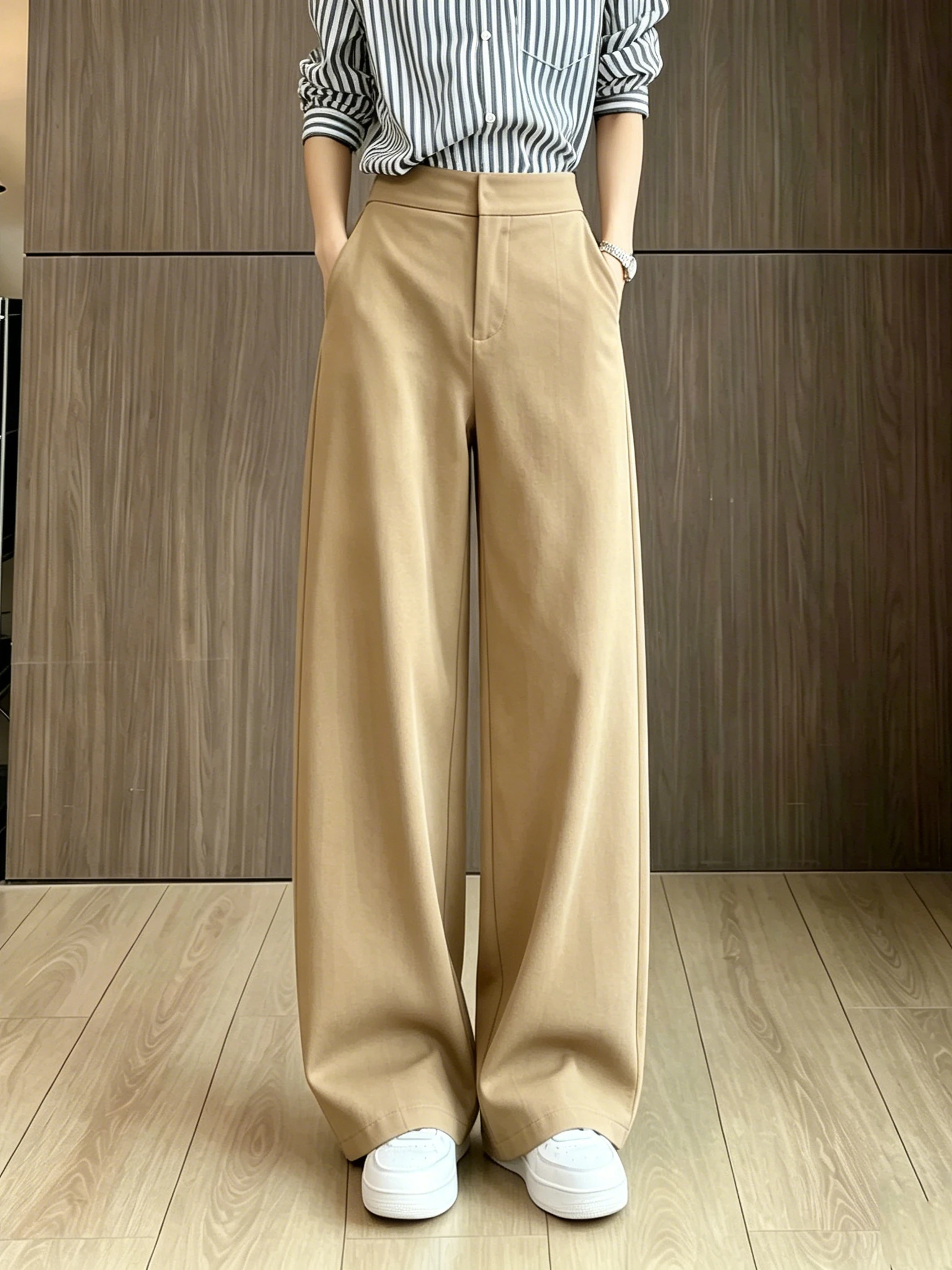 

Khaki Wide Leg Suit Pants Women Summer New Small Size Loose Slim Casual Thin Draping Floor-Length Pants Commute Style High Waist