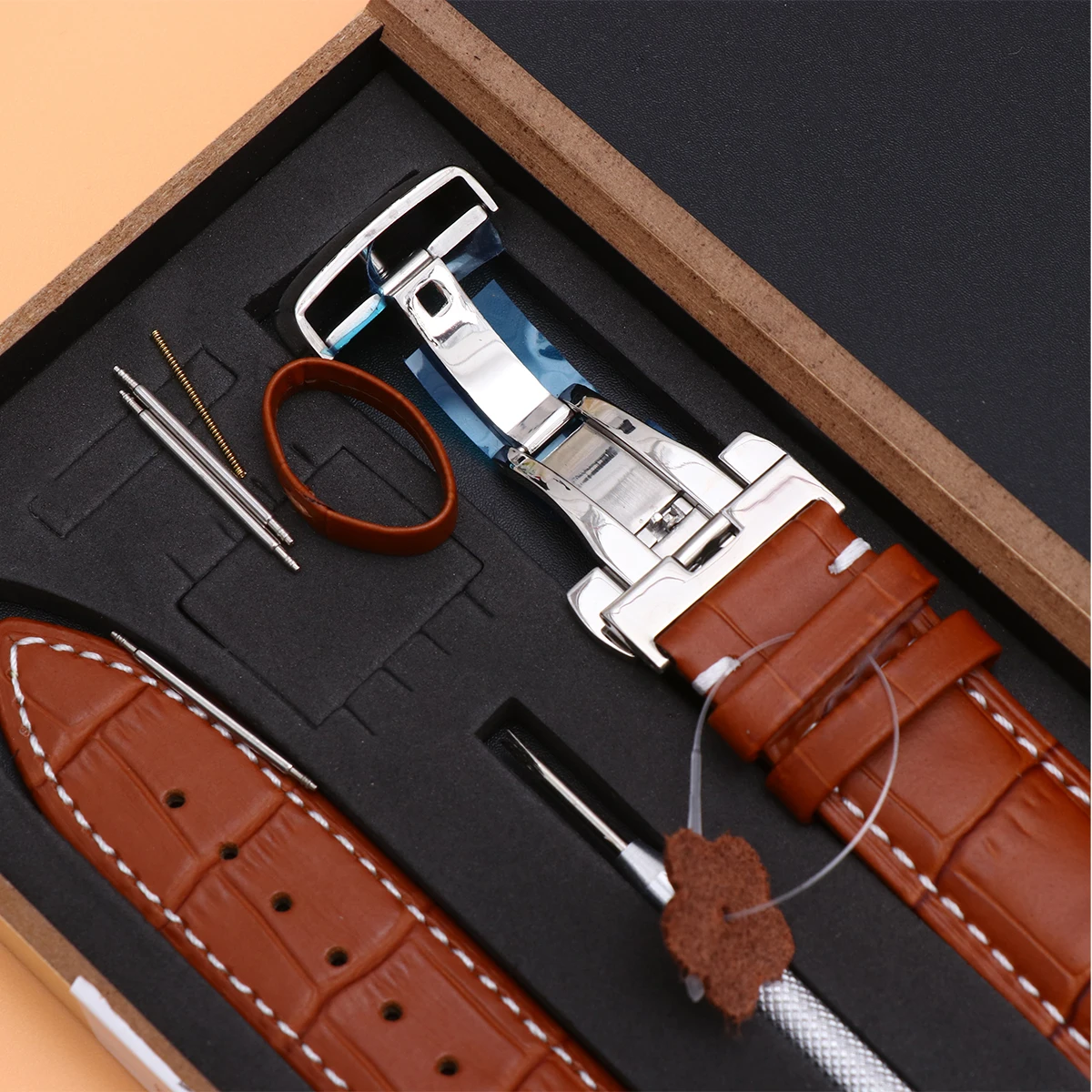 

Cowhide Watch 22Mm Replacement Band For Watch Double Buckle Wrist Strap Light Brown With White Stitching Durable