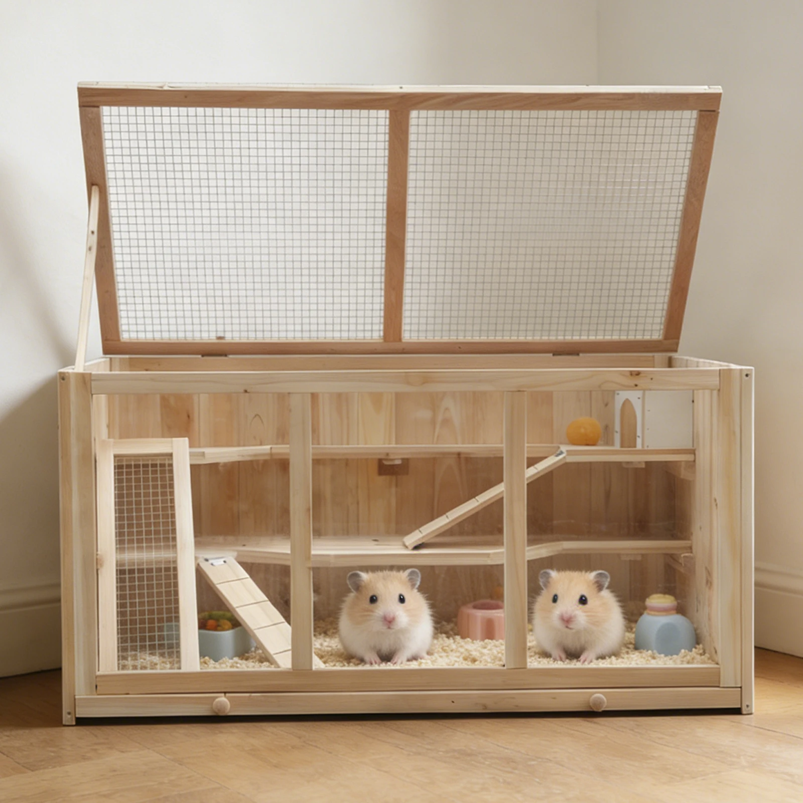 Large Wooden Hamster Cage with Acrylic Windows, Multi-Level Small Pet Habitat with Deep Tray, Ventilated Hutch for Syrian Dwarf Hamsters, Rabbits, Guinea Pigs, Chinchillas view 3