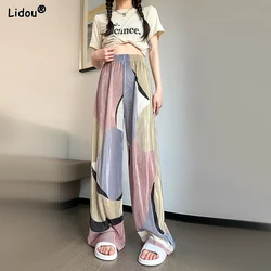 女性のカジュアルな韓国のパンツ,伸縮性のあるウエスト,だぶだぶ,プリーツ,快適,ワイドレッグ,春と夏のファッション