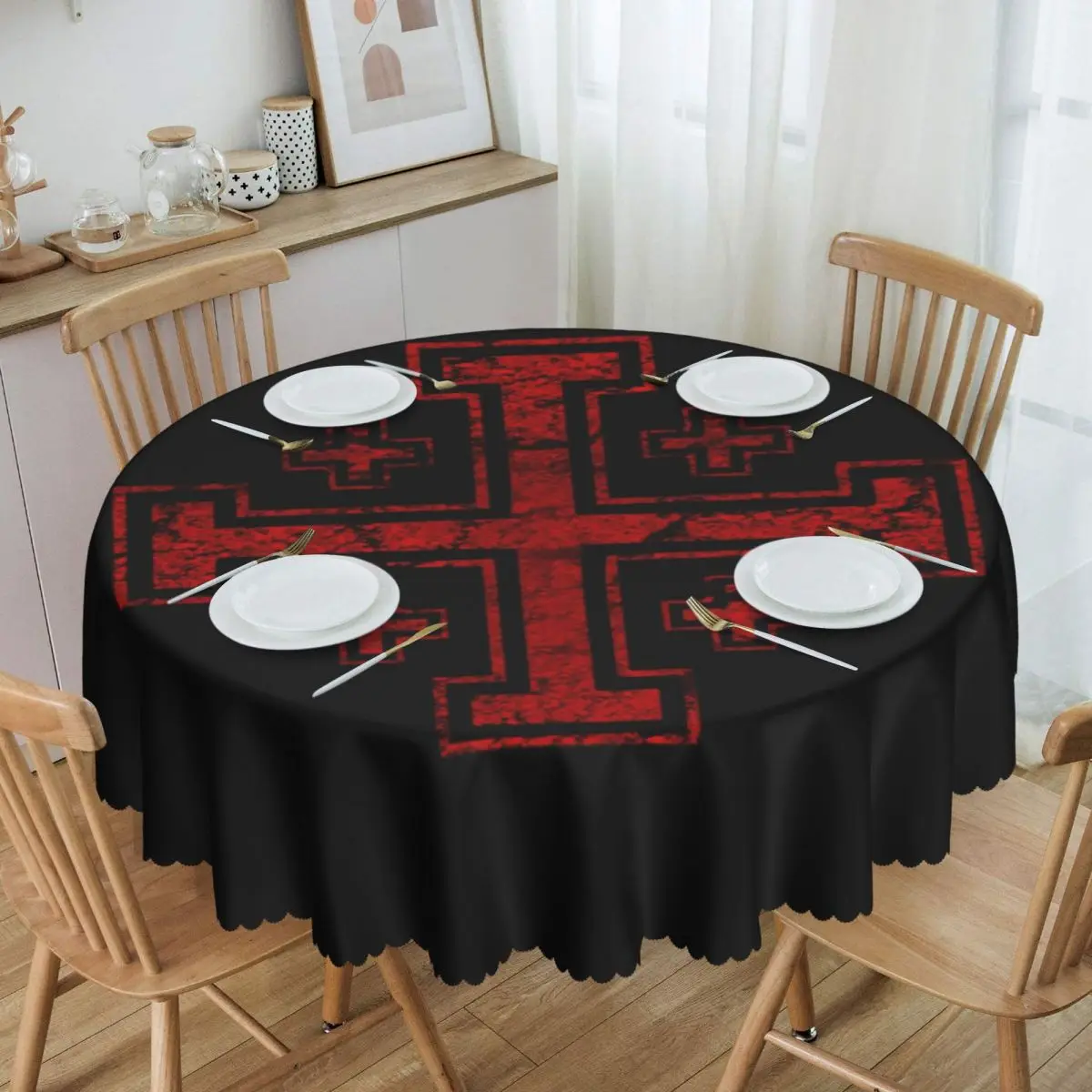 

Templar Knight Medieval Warrior Symbol Tablecloth Round Oilproof Jerusalem Cross Seal Table Cover Cloth for Banquet 60 inch