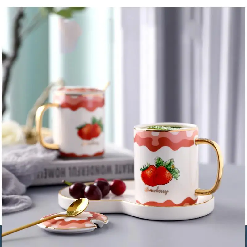 Ceramic 350ml Mug with Lid Spoon Cute Girl Tea Cup Home Water Living Room Coffee Table Decoration