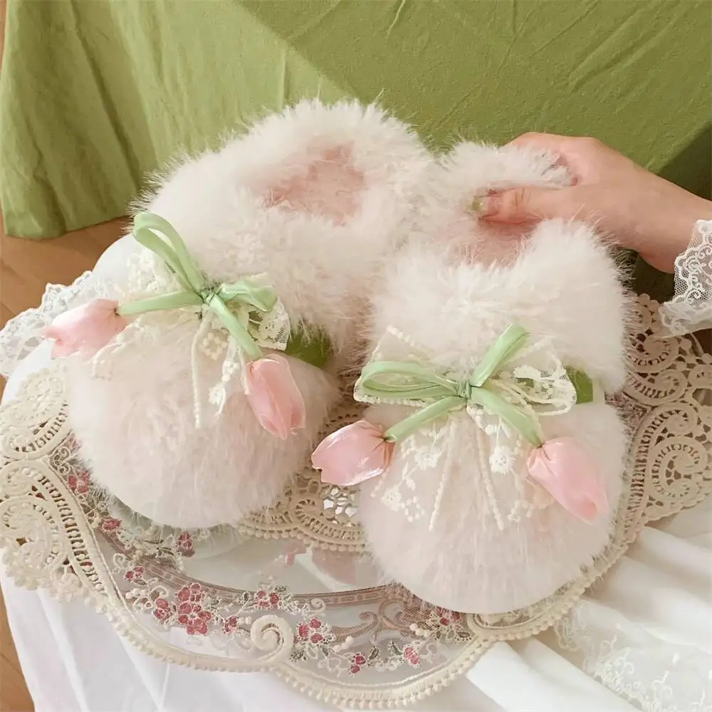 

Women's Winter Sweet Furry Home Slippers French Tulip Lace Design Bedroom Indoor Household Warm Soft Sole Cotton Slippers
