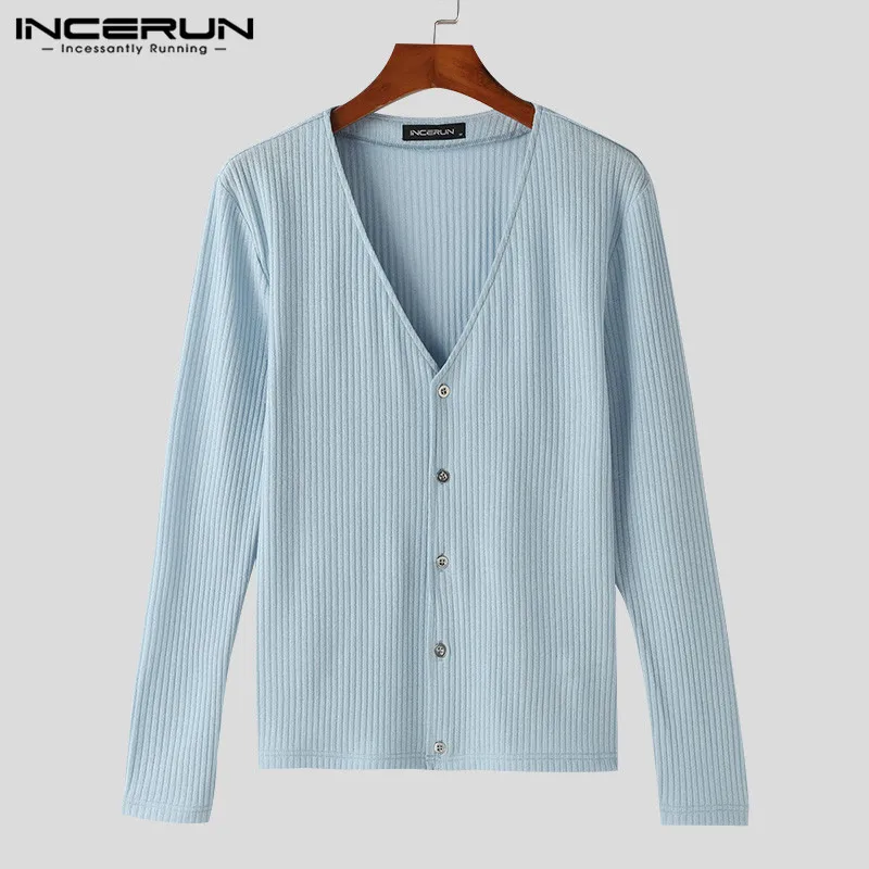 INCERUN Tops 2024 Handsome Men\'s Solid Knitted Striped Shirts Fashionable Male Simple All-match V-neck Long Sleeved Blouse S-5XL