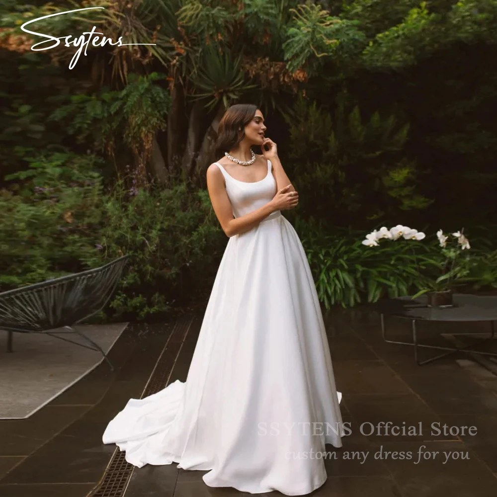 SSYTENS Elegant Ivory A Line Wedding Dress Square Collar Floor Length Bridal Gown Sleeveless Pleats Satin Sweep Train Customized