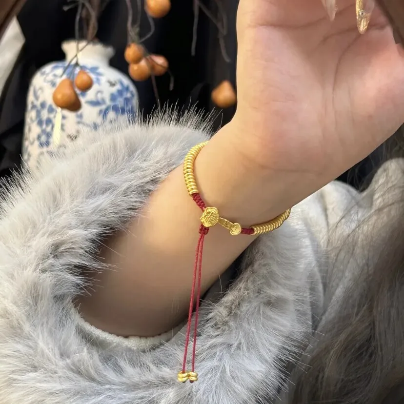 

Plated With Genuine Gold Preservation Ancient Method Sand Gold Lucky Character Ruyi Coiled Abacus Bead Bracelet Red Girls Gift