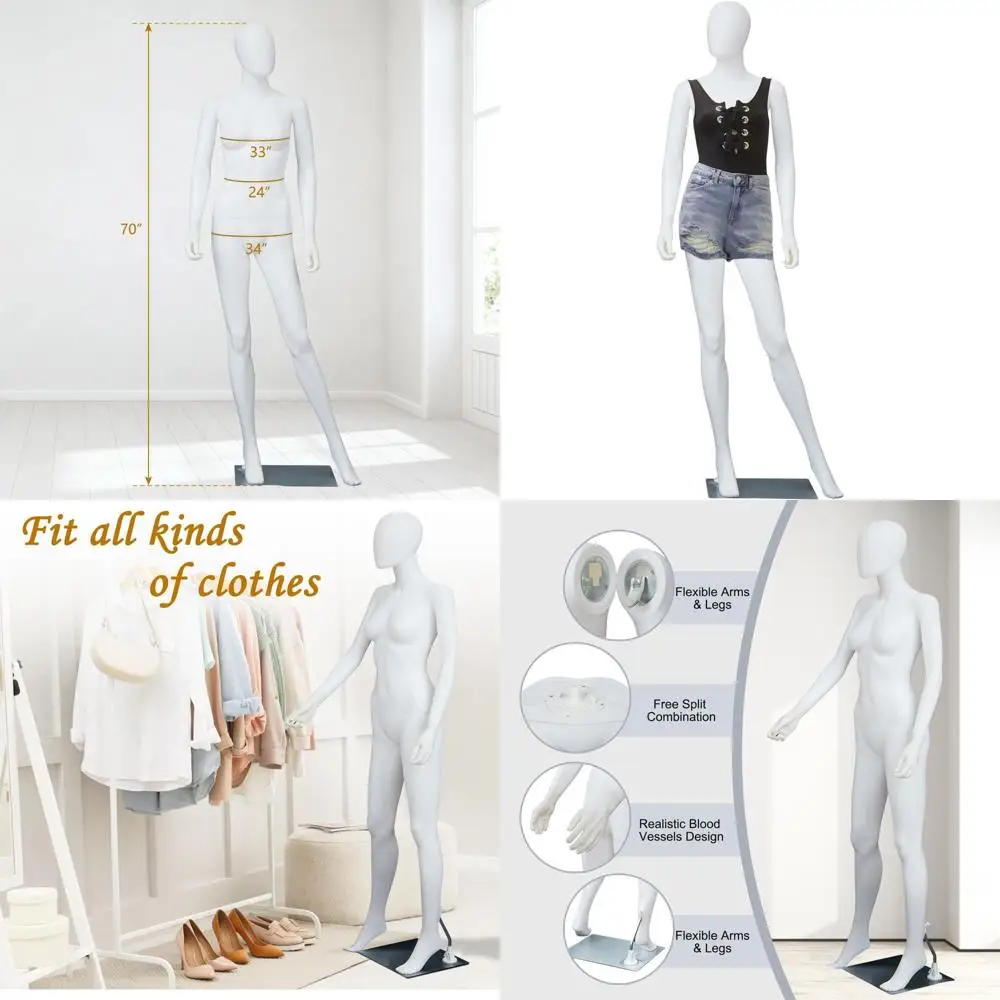 

6ft Detachable Female Full Body Mannequin Stand with Metal Base for Fashion Display, Adjustable, White