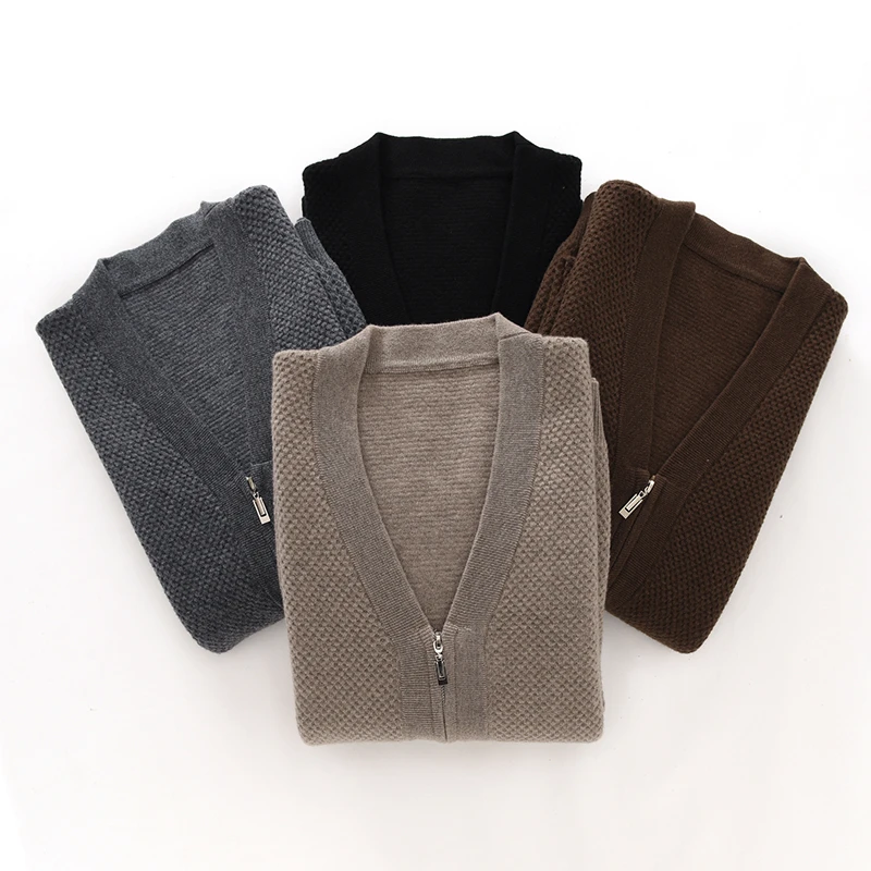 

Autumn Winter New 100% Merino Wool Zipper Cardigan Men's V-Neck Tops Knitted Sweater Loose Long Sleeved Shirt Thickening Jacket