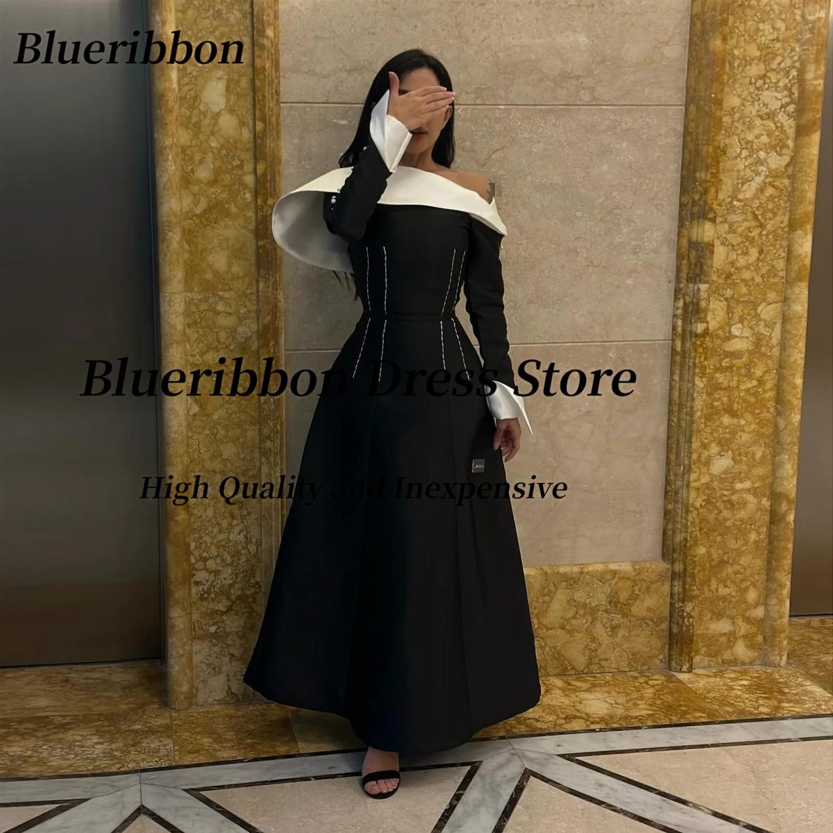 

Blueribbon 2024 Saudi Arabia Women Black Prom Dresses Buttons Long Sleeves Sash Evening Party Gowns Boat Neck Vestidos De Noche