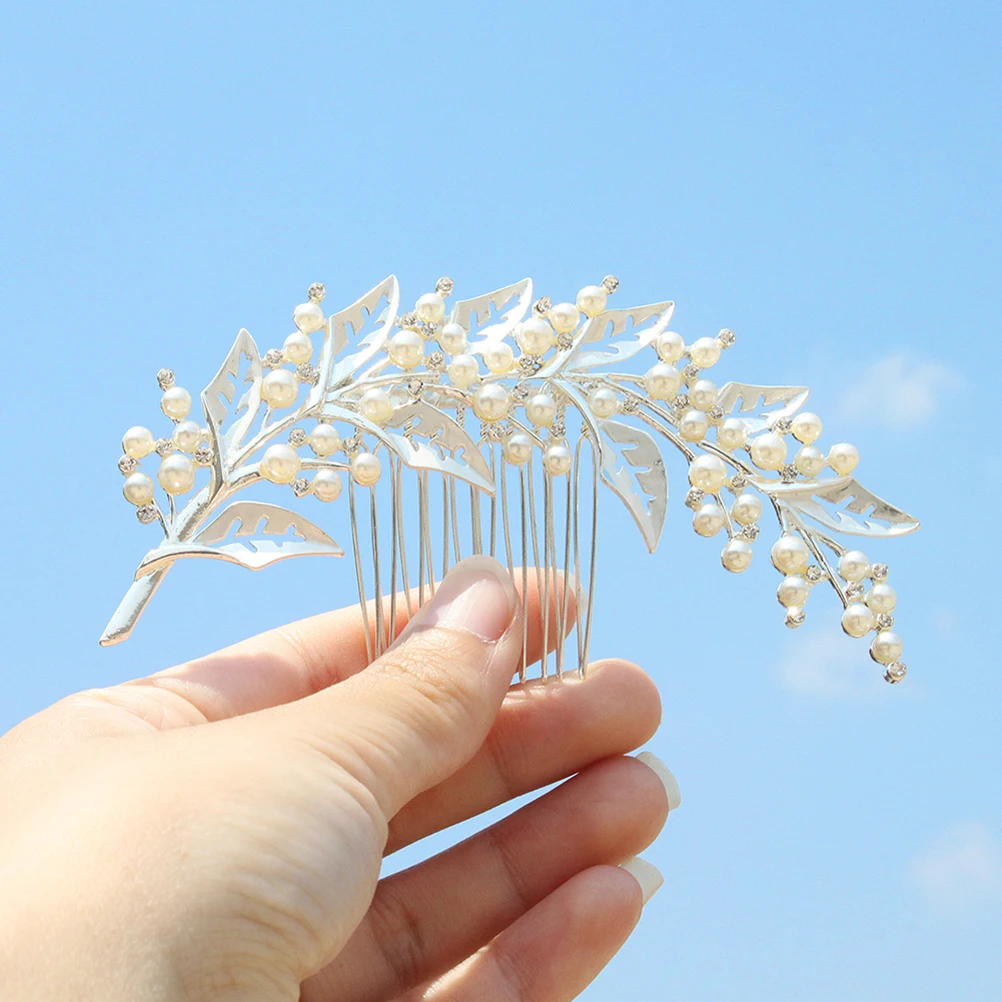 

Pearl Hair Comb Alloy Leaf Rhinestone Decor Bridal Wedding Party Accessories Silver Color Women Headdress Hair Decorations