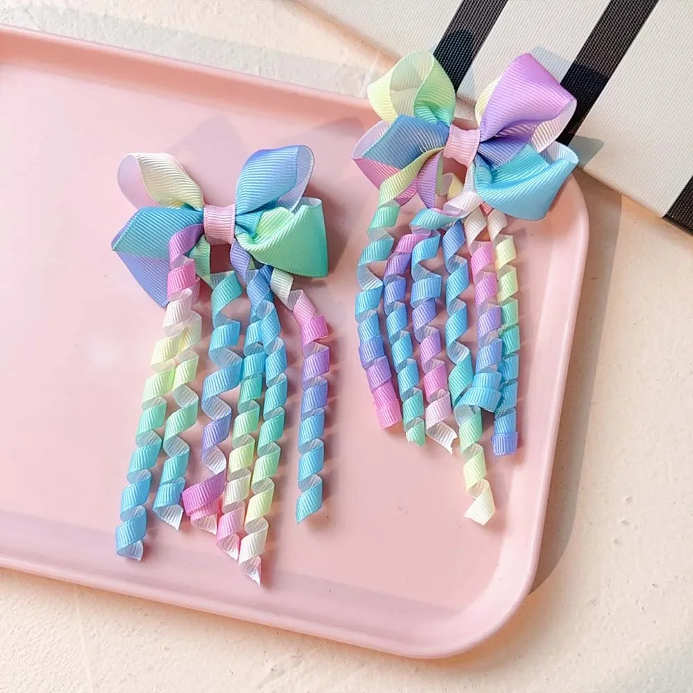 Заколки для волос для девочек, головные уборы, 2 шт., милый Радужный градиентный бант с кисточками, идеально подходят для вечеринок по случаю дня рождения, повседневная мода, новинка