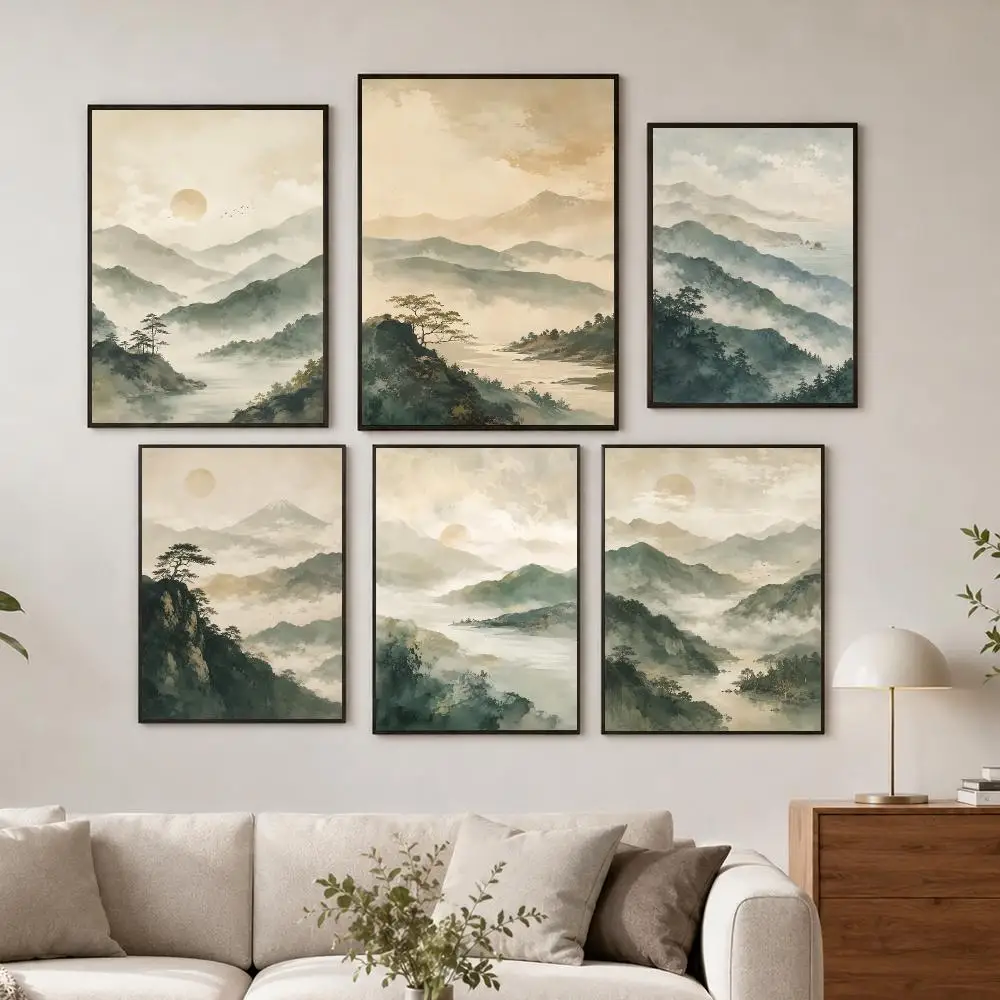 Misty Mountain Serenity Poster Wall Decor Self-Adhesive Aesthetic Modern Vibe Stylish Gift Friends Living Room Bedroom
