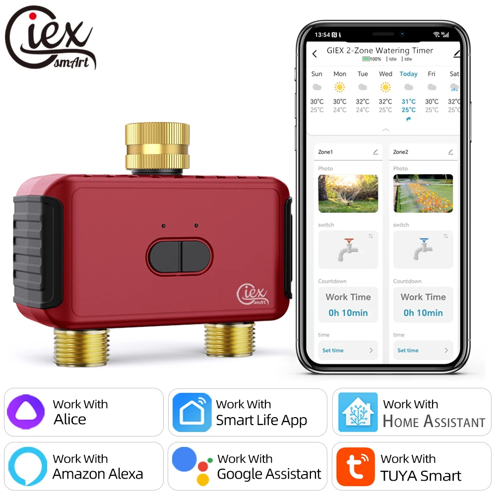 Programmateur d'arrosage intelligent WiFi double zone, sans hub requis, contrôleur d'irrigation de jardin, vanne goutte-à-goutte et d'arrosage, compatible Alexa et Google Assistant