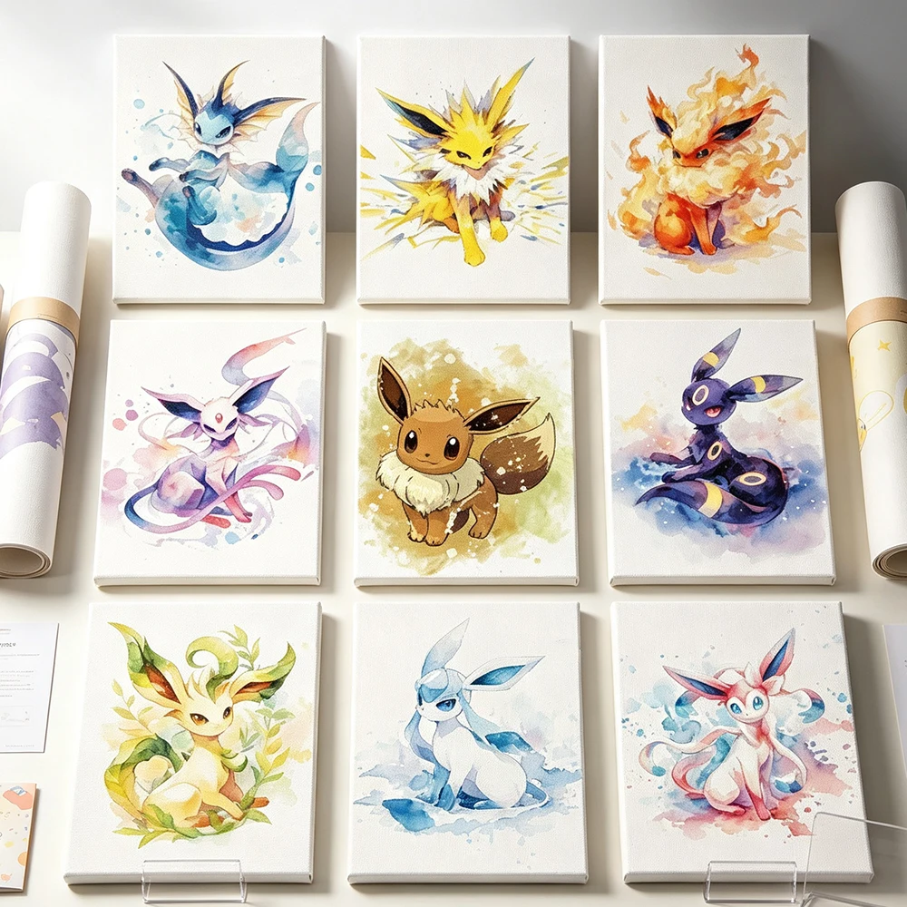 Kawaii Eevee Evolution Watercolor Canvas Wall Art Aesthetic Anime Pokemon Poster Colorful Cartoon for Bedroom Decor Cuadros Gift