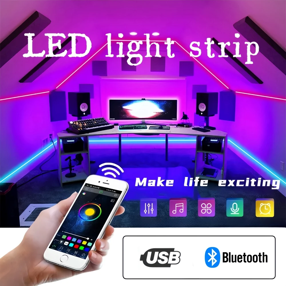 Bande lumineuse LED 5050 RGB, 20m, USB 5V, contrôle par Bluetooth, flexible, pour rétro-éclairage de la télévision, décoration de fête à la maison