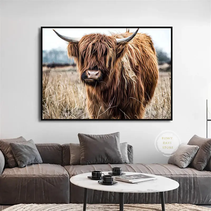 Nature Animal Buffalo Yak Print Nordic Poster Canvas Painting Brown Highland Cow Bull Wall Art Living Room Pictures Home Decor