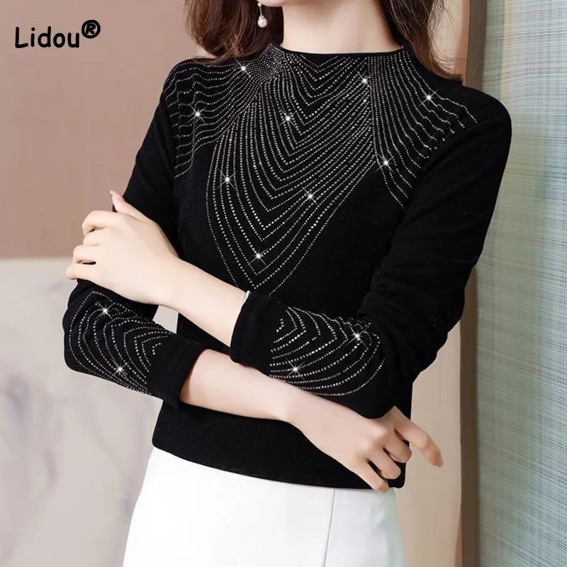 

Autumn Winter Fleece Solid Color Chic Diamonds Patchwork Tops Fashion Round Neck Commute Long Sleeve T-shirt Women's Clothing