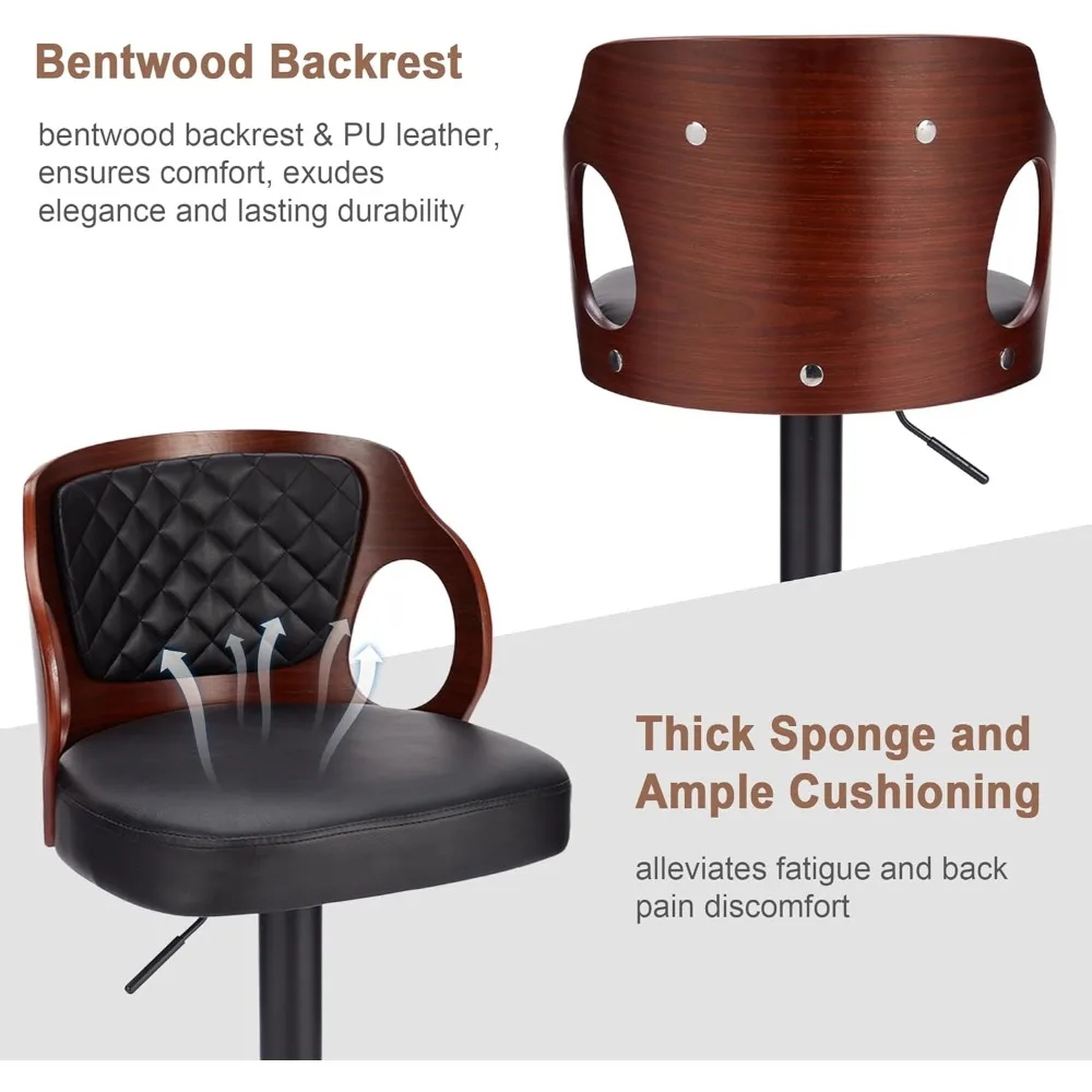 Bar Stools Set of 2,Adjustable Counter Height Stools with Bentwood Back,Armrest&Footrest,Swivel PU Leather Bar Chairs for Kitch