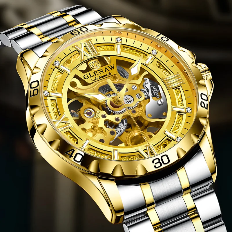 

Лучший бренд Glenaw, роскошные полые дизайны, модные индивидуальные полностью автоматические механические мужские водонепроницаемые часы